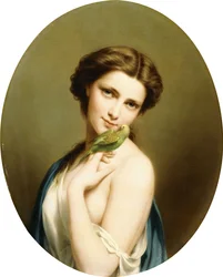 A Young Beauty with a Parakeet