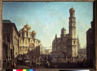 The cathedral square in the Moscow Kremlin. Painting by Fyodor Yakovlevich Alexeev (1753-1824). Russian classicism art. State Tretyakov Gallery, Moscow.