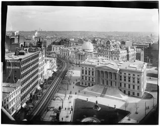 Brooklyn: high-angle City Hall (Borough Hall), Kings County Supreme Court, Mechanics Bank, Arbuckle Building, and the Park Theatre, c.1896-98
