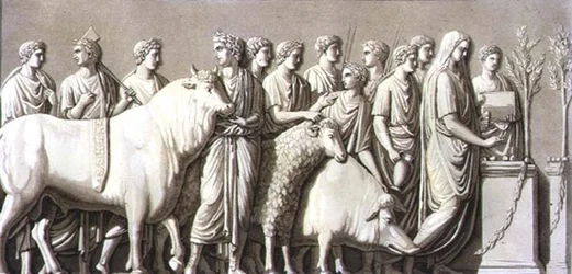 Bas relief of a bull, a ram and a boar led to a votive altar, from 