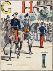 Letters G H I: General, Hussard and Instructor. Engraving in "Alphabet militaire", Grand-Bebe series. Engraving. Pont-a-Mousson imaging. Louis Vagne, Printer-Publisher, circa 1900. Illustrations by G. Dascher