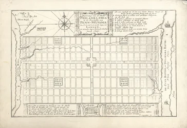 The first plan for Philadelphia, devised by William Penn and Thomas Holme in 1682, 1684