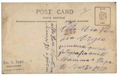 Back of Postcard with an Infantry Soldier, Gunner, in Uniform with His Wife and Son During the First World War