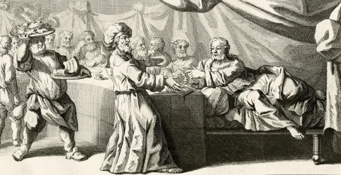Jesus invited to dinner with the Pharisee (illustration from the Gospel of Saint Luke, chapter 11:37, 1728)