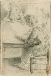 Three Young Women Drawing at a Table