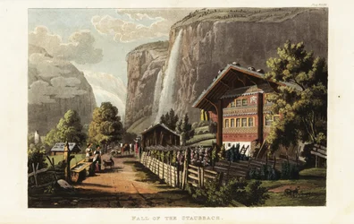 View of the Staubbach Fall, a waterfall in Switzerland, located just west above Lauterbrunnen in the Bernese Highlands