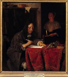 The writer. Servant holds a candle so the writer has light to write