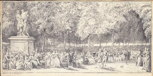 A meeting in the Tuileries Gardens around a statue, 1760