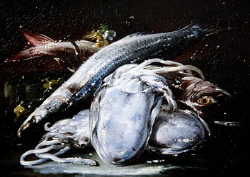 Squid, Grey Mullet and Red Mullet resting on a Stone Ledge
