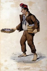 Small trades of Naples: the seller of fish (fishmonger). Lithograph by F. Dura