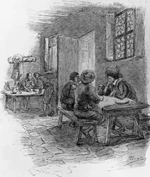 Renzo, Tonio, and Gervase at inn, Chapter VII, illustration by Gaetano Previati for Betrothed, historical novel by Alessandro Manzoni