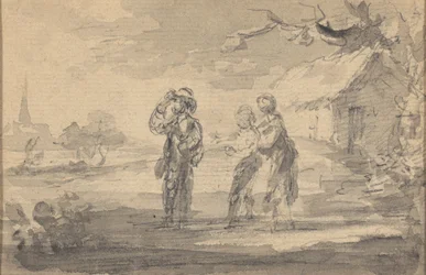 Landscape with three figures, cottage, and church spire