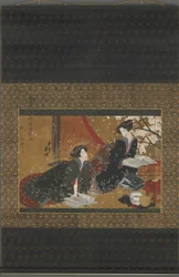Two geisha reading from a book, Edo period