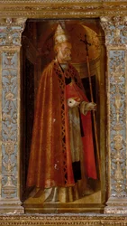 Polyptych of the Nativity, side panels featuring Saints Peter, Paul, Clement and Magdelene (detail of Saint Clement)