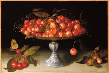 Cherries in a Silver Compote with Crabapples on a Stone Ledge and a Fritillary Butterfly