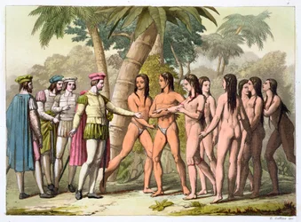 Christopher Columbus with Hernando Cortes receiving a native American girl as a gift