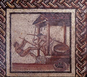 Gallo-Roman art: mosaic paving depicting a rustic calendar. An oil press. End of the 2nd, beginning of the 3rd century AD. From Saint-Romain-en-Gal (Rhône). Saint-Germain-en-Laye, National Museum of Archaeology