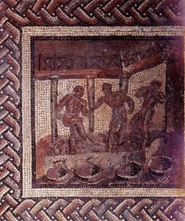 Gallo Roman Art: mosaic paving representing a rustic calendar. Scene of treading grapes in a vat. End 2nd, beginning of 3rd century after JC. From Saint-Romain-en-Gal (Rhone)