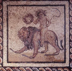 Gallo Roman Art: mosaic paving representing a rustic calendar. Summer allegory about a lion. End 2nd, beginning of 3rd century after JC. From Saint-Romain-en-Gal (Rhone)