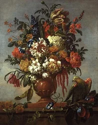 Still Life of Flowers in an Urn, with a Red Parrot