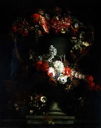 Swag of Grapes, Plums and Pomegranate with Flowers