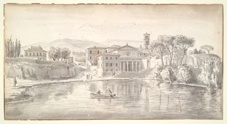 Church and Houses along a River