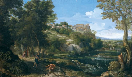 Landscape showing dancing faun and nymph