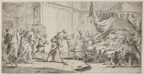 A Couple Lying in a Bed While Others Hurry to the Spot