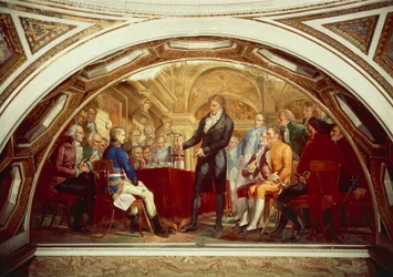 Alessandro Volta (1745-1827) displaying his newly invented battery to Napoleon (1769-1821) at Institut de France in Paris, November 7