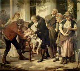 The first vaccination by Edward Jenner (1749-1823), the British doctor who discovered the vaccine against smallpox. Painting by Gaston Mélingue (1840-1914), 1796. Paris, Academy of Medicine