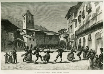 Dances in the public square. Engraving by G.Vuillier, to illustrate the story 