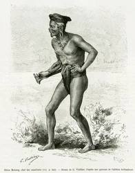 Sibou Mobang, head of cannibals. Engraving by G.Vuillier, to illustrate the story De Koutei a Bandjirmasin, voyage through Borneo, by Carl Bock, in le tour du monde 1890, directed by Edouard Charton, Hachette, Paris