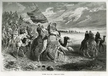 The Berak, the flag of Emir Ibn Al Rashid (1872-1890) (Saudi Arabia). Engraving by G.Vuillier, to illustrate the story Pelerinage au Nedjed, cradle of the Arab race, by Lady Anna Blunt, in 1878-1879, published in the Tour du monde, under the direction of E