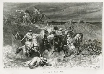 The Ghazou, or razzia, looting with a hand. Engraving by G.Vuillier, to illustrate the story Pelerinage au Nedjed, cradle of the Arab race, by Lady Anna Blunt, in 1878-1879, published in the Tour du monde, under the direction of Edouard Charton (1807-1890)
