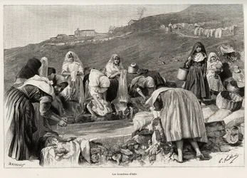 The lavender of Osilo (Italy), women gathered around the basin (engraving and story 