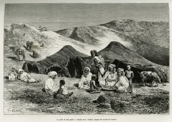 The nezla (relative) of my guide. Engraving by G. Vuillier to illustrate the Algerian Sahara by V. Largeau, 1874-1878, published in Le Tour du monde under the direction of Édouard Charton (1807-1890)