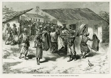 The village of Bakourou, the indigenous people are offered presents for peace negotiations. Engraving by G.Vuillier, to illustrate the story Dans les tenebres de l