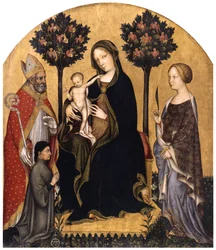 Enthroned Mary with the Child, Saint Nicholas of Bari, Saint Catherine of Alexandria and a Donor