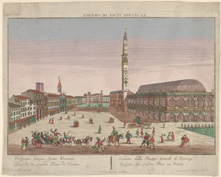 View of the Piazza dei Signori of Vicenza with Horse-Drawn Carriages and Figures...