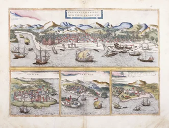 View of Calcutta, India, and beneath smaller views of Ormuz at the entrance of the Persian Gulf, Canonor in India, and the Portuguese fortress of El Mina in West Africa