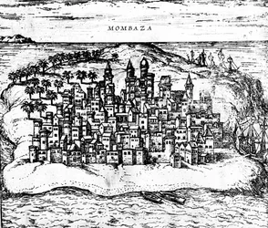 View of Mombaza, from Georg Brauns Civitates orbis terrarum (detail)