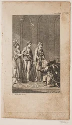 Illustration with a Young Couple with an Oriental and Three Kneeling Turkish Soldiers