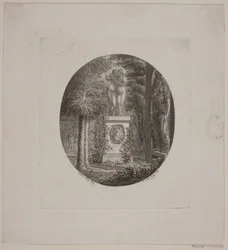 Pedestal with Amor and Psyche and another sculpture in a garden