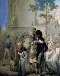 Coconut trader Porte Saint Denis in Paris. Old merchant shop selling coconut cups in the streets of Paris. Drawing by German George Emanuel Opitz