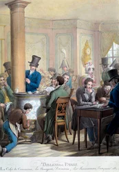 Table of Paris: view of the cafe du commerce: bourgeois talking, playing dominoes. Lithograph by George Emanuel Opitz (1775-1841). 19th century. Paris, Musee Carnavalet