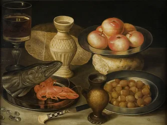 Still life with Siegburg stoneware jug, glass, knife, two loaves, Early 17th century