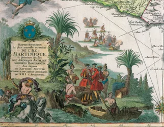 Map of Martinique created by Matthieu Seutter, details: Merchants and Native American Indian