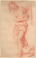 Ecce Homo. Standing, Suffering Christ with Rod and Knotted Whip and Crown of Thorns on His Head