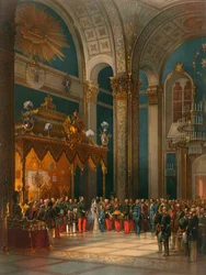 Homage of Cossack officers in the Throne Hall, coronation of Tsar Alexander II, Moscow, 1856.