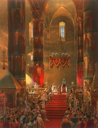 The Metropolitan genuflects at the coronation ceremony of Tsar Alexander II, Moscow, 1856.